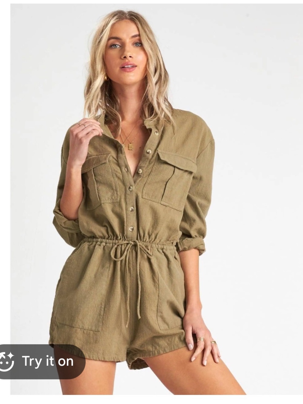 Billabong Wake The Night Romper Playsuit Long Sleeve Safari Medium